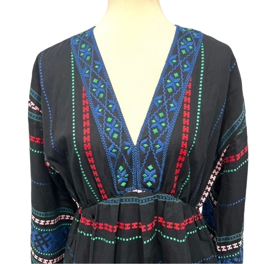 Joie Shada Black Embroidered V Neck Kimono Sleeve Cotton Boho Dress Women Large - Picture 7 of 14